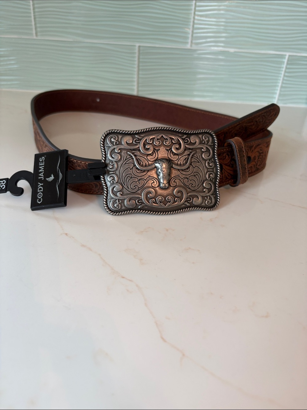 Cody James Brown Tooled Leather Belt with Ornate Silver Buckle